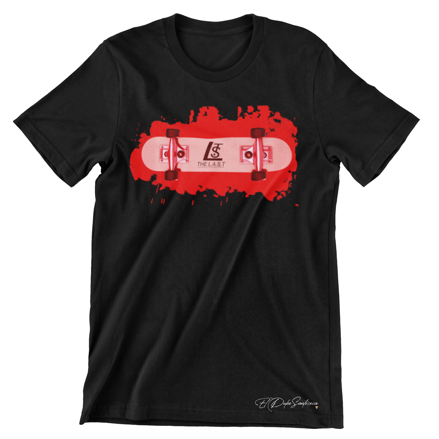 Skate Brands black t-shirt with red skateboard design